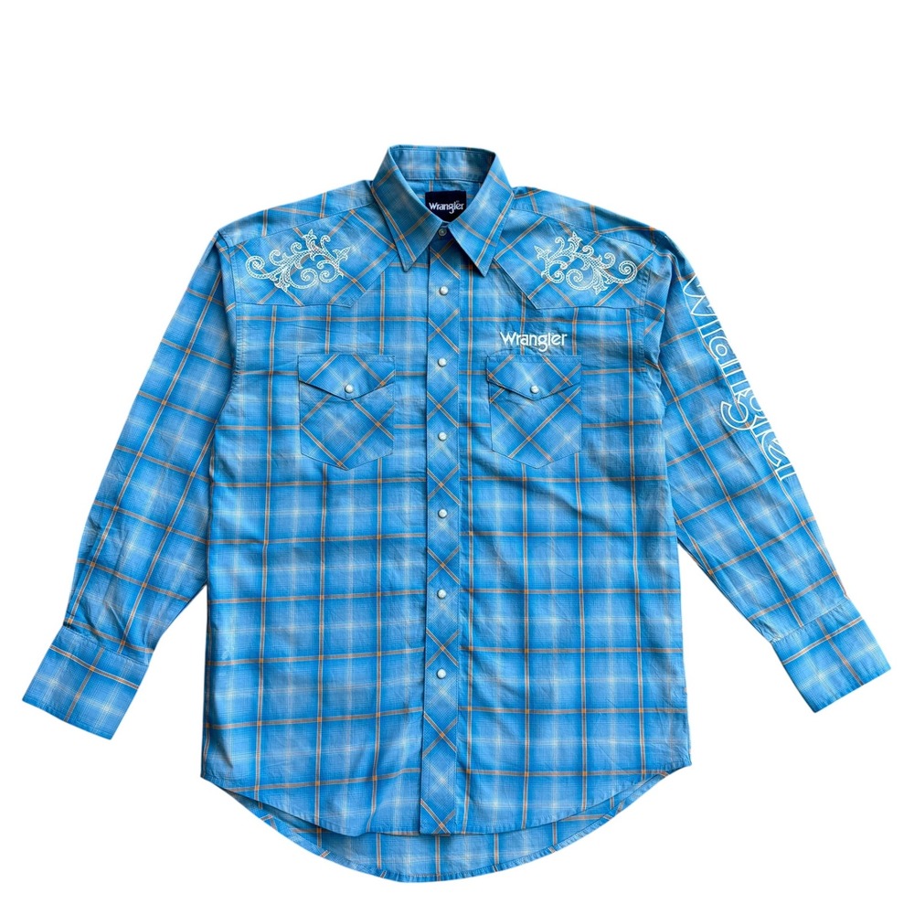 Wrangler Mens Blue Plaid Western Snap Shirt Embroidered Logo Medium